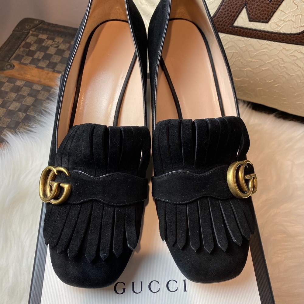 Gucci Marmont Fringe Pumps- Suede block heel